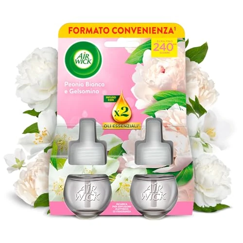 Air Wick Elektryczny dyfuzor olejków eterycznych, 2 wkłady do dyfuzora elektrycznego z zapachem białej piwonii i jaśminu, elektryczny odświeżacz powietrza z olejkami eterycznymi
