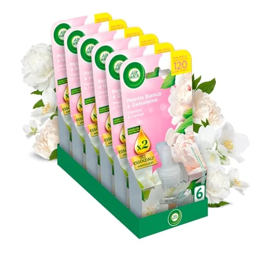 Air Wick Elektrischer Diffusor für ätherische Öle, 6 Nachfüllpackungen für elektrischen Diffusor mit weißen Pfingstrose und Jasmin, elektrischer Raumduft mit ätherischen Ölen