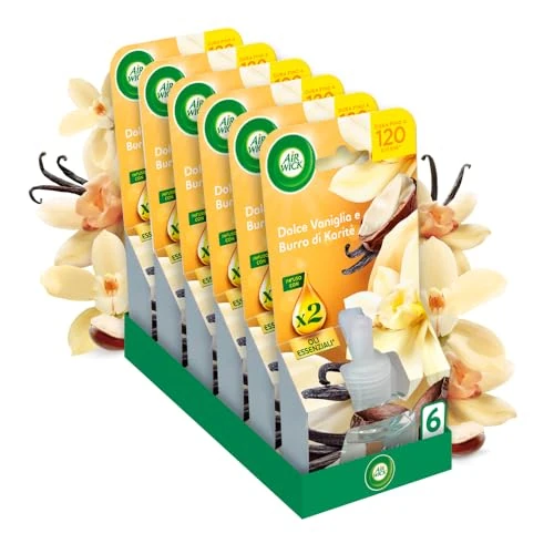 Air Wick - Difusor eléctrico de aceites Esenciales, 6 recargas para difusor eléctrico con Aroma Dulce de Vainilla y Manteca de karité, ambientador eléctrico con aceites Esenciales