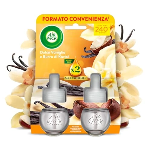 Air Wick Elektrische diffuser voor etherische oliën, 2 navulverpakkingen voor elektrische diffuser met zoete vanille- en sheabotergeur, elektrische kamergeur met etherische oliën