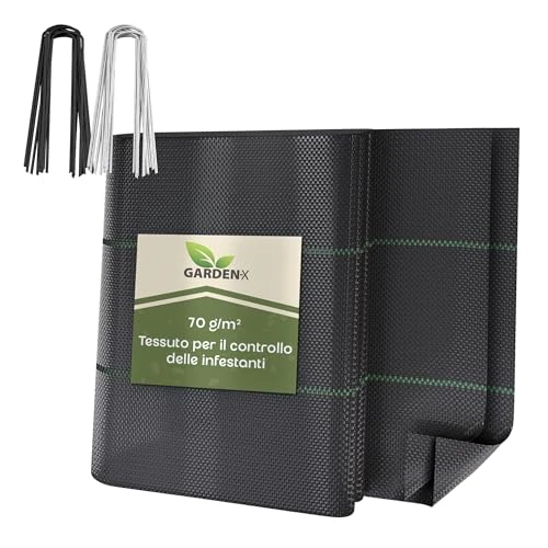 GARDENIX Tessuto Non Tessuto per Erbacce con 50 Ancore, 48 m² (3,2 m x 15 m), permeabile all'Acqua, 70 g/m², Nero, Resistente ai Raggi UV, Protezione dalle Erbacce, Tessuto sottoscocca