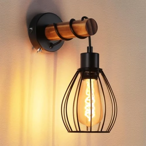 Offerta a tempo: ZMH Applique da parete con interruttore vintage: applique da parete in legno nero, faretto da parete in metallo industriale E27, lampada da comodino soggiorno - Senza lampadina - 38% da 38.99 € a 24.22 €