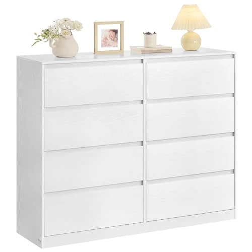 VASAGLE KAILYN Collezione - Cassettiera con 8 Cassetti, Comò Mobile con Cassetti, Porta Abiti, 40 x 119,4 x 97,5 cm, Stile Moderno, Bianco Neve LTS618WE01