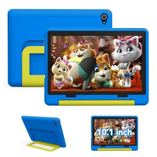 Vekoy Kids Tablet 10 Inch Android 14 Screen HD 1280 x 800 Battery 5000mAh 8+64GB Expandable to 1TB Dual Camera 5+8MP Protective Case + 3 DIY Stickers (Blue)