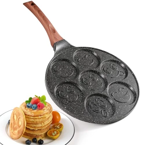 Limited-time offer: YASHE Smiley Face Pancake Pan 26cm, 7 Hole Non Stick Mini Pancake Maker Pan, Cast Aluminium Crepe & Egg Frying Pan, Induction Suitable Kids Breakfast Pan for Brunch & Parties from $51.28 to $51.28 (save 0.00%)