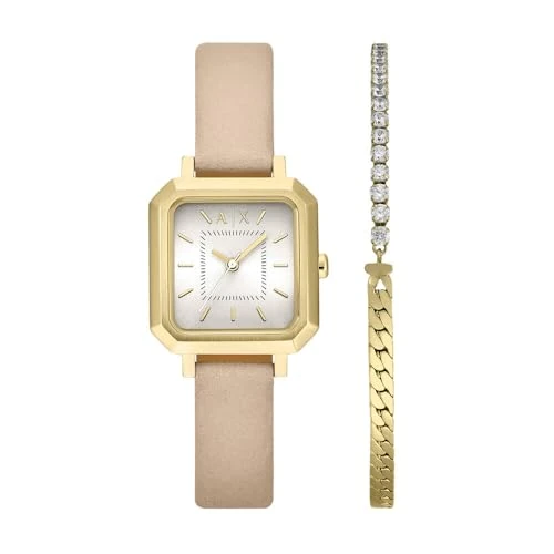 Armani Exchange Watch for Women, Quartz Three Hand Movement and 27 mm Case Size with Leather Strap, Brown Beige