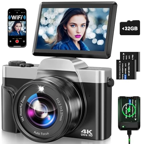 Offre limitee: Appareil Photo Numérique avec WiFi, 4K 64MP Autofocus Camera Vlog 16X Digital Zoom à Écran Rabattable à 180° Appareils Photo Compact avec Station de Charge, 2 Batteries, Carte 32 GB pour Débutants de 109.99 EUR a 79.99 EUR (economie 27%)