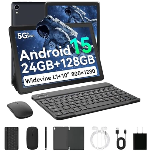 Laptok Android 15 tablet 10 inch, 24 GB RAM + 128 GB ROM, Octa Core 2.0 GHz /WiFi 6+2.4 G/GMS/5000 mAh/Bluetooth 5.2/Widevine L1/8MP + 5MP/tablet 2-in-1 met toetsenbord, muis, hoofdtelefoon, pen en