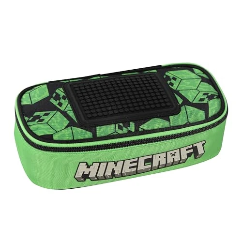 Minecraft Pennenetui voor school, ovaal, officieel Minecraft, ideaal voor het opbergen van schrijfwaren, met scheidingswand aan de binnenkant met elastische lussen, ritssluiting en pixels voor