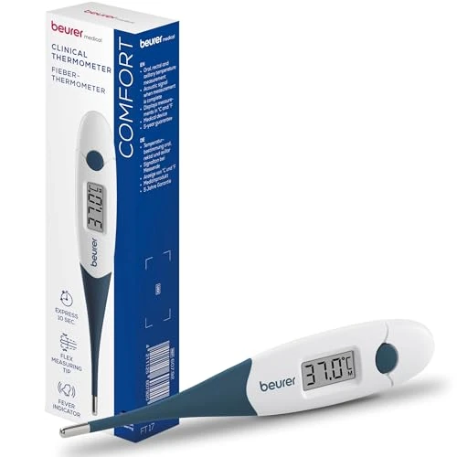 Beurer FT 17 termómetro clínico digital, termómetro con punta de medición flexible para la medición oral, rectal y axilar, resultado en 10 s, indicador de fiebre, para bebés, niños y adultos, blanco