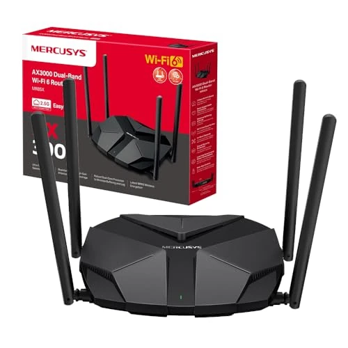 Mercusys TP-Link MR85X Router WiFi 6 AX3000Mbps Dual-Band, 2,5 Gbps Porta WAN, 3 Porte LAN Gigabit, 4 Antenne Omnidirezionali Fisse, WPA3, Modalità AP, OpenWRT, VPN, Controllo APP, non Supporta xDSL