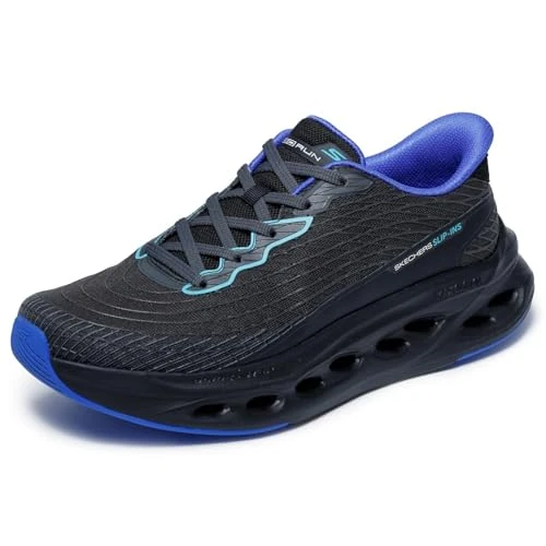 Zeitlich begrenztes Angebot: Skechers Herren Max Cushioning Glide-Step Sapphire Slip-InTurnschuhe, Black And Blue Textile/Synthetic, 42.5 EU von 120.00 € auf 120.00 € (0.00% Rabatt)