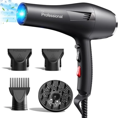 HappyGoo Sèche-cheveux Ionique rapide & Volume,2000W,1 diffuseur 2 buse de Coiffure 3 Chauffe-2 mètres de câble,Vision Convient pour Les familles et Les Salons,noir clair.