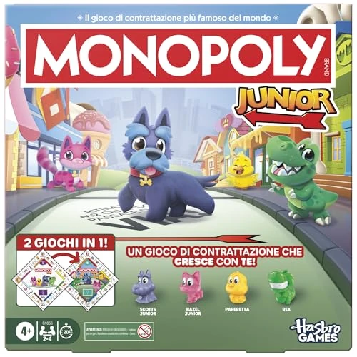Offerta a tempo: Monopoly Junior, gioco da tavolo (edizione 2026) | 2 giochi in 1 per bambini e bambine più piccoli | dai 4 anni in su | da 2 a 4 giocatori | 20 minuti | regali per età prescolare - Versione italiana - 34% da 21.99 € a 14.49 €