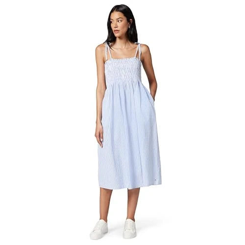 Offerta a tempo: Tommy Hilfiger Donna Abito Swimshop Seersucker Lunghezza Midi, Blu (Thin Banker STP Blue Spell/White), XS - 55% da 149.90 € a 67.53 €