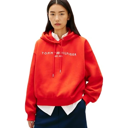 Offerta a tempo: Tommy Hilfiger Donna Felpa con Cappuccio Corp Logo con Orlo in Maglia a Costine, Rosso (Fireworks), M - 50% da 119.90 € a 59.95 €