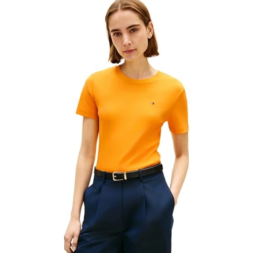 Offerta a tempo: Tommy Hilfiger Donna T-Shirt Maniche Corte New Slim Cody Scollo Rotondo, Arancione (Orange Flash), XXS - 62% da 49.90 € a 18.85 €