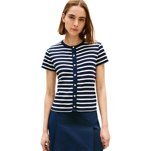 Offerta a tempo: Tommy Hilfiger T-Shirt Slim da Donna con Bottoni Dorati WW0WW48709, Blu, L - 56% da 69.90 € a 30.99 €