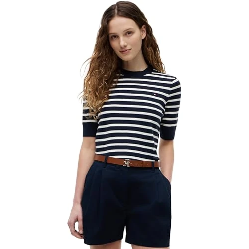 Offerta a tempo: Tommy Hilfiger Donna Pullover Jersey Maniche Corte, Multicolore (Dark Night Navy/Ivory Petal STP), M - 58% da 89.90 € a 37.69 €