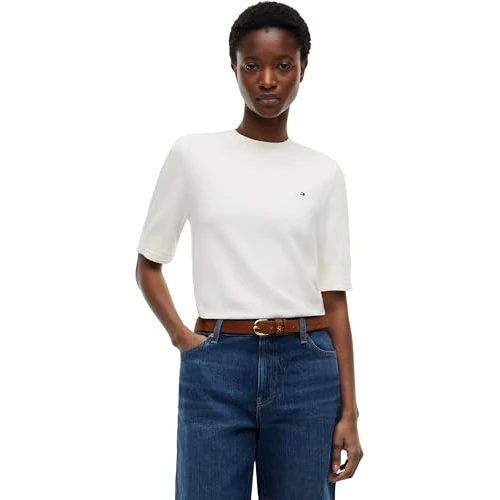 Offerta a tempo: Tommy Hilfiger Donna Pullover Jersey Maniche Corte, Avorio (Ivory Petal), XS - 40% da 89.90 € a 53.99 €