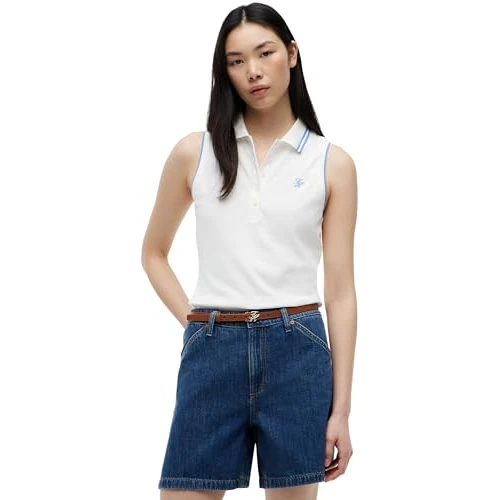 Zeitlich begrenztes Angebot: Tommy Hilfiger Damen Poloshirt Kurzarm Swimshop Cotton Ärmellos, Weiß (Ecru), L von 89.90 € auf 50.30 € (44% Rabatt)