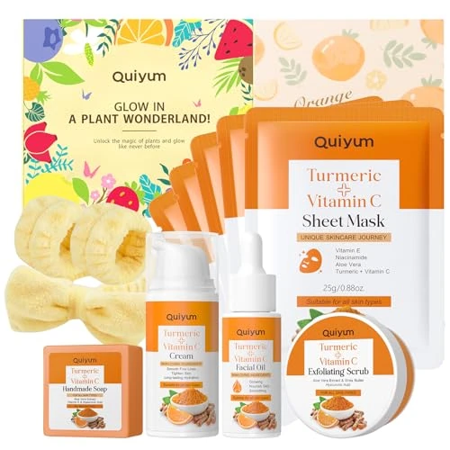 Offerta a tempo: QUIYUM Set Cura Viso con Curcuma e Vitamina C, Kit Regalo 11 Pezzi per Donne con Sapone Fatto a Mano, Scrub, Olio Essenziale, Crema, Maschera Viso, Fascia per Capelli e Polsino - 26% da 30.99 € a 22.99 €