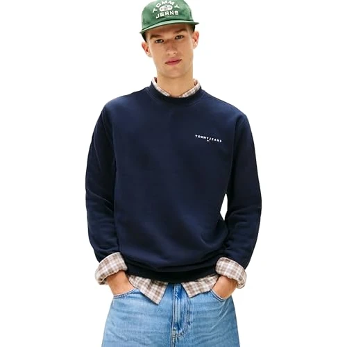 Tommy Jeans Felpa Pullover Uomo Tjm Reg Linear Crew Ext Dm0Dm20249, Blu (Dark Night Navy/Sweet Blue), S