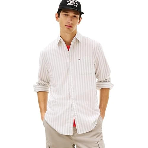 Zeitlich begrenztes Angebot: Tommy Jeans Herren Hemd Stripe Oxford Regular Fit, Beige (Ivy Mink Stripe), S von 84.90 € auf 40.06 € (53% Rabatt)