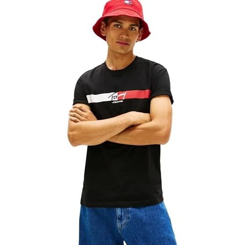 Offerta a tempo: Tommy Jeans Uomo T-Shirt Maniche Corte Signature Stripe in Cotone, Nero (Black), XL - 52% da 34.90 € a 16.87 €