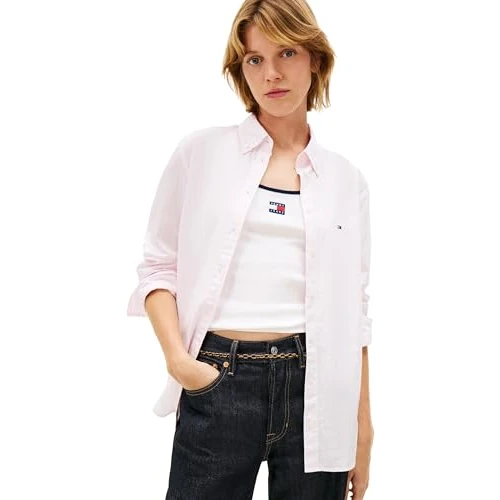Zeitlich begrenztes Angebot: Tommy Jeans Damen Hemd Poplin Regular Fit, Rosa (Pearly Pink/Stripe), XS von 55.76 € auf 55.76 € (0.00% Rabatt)