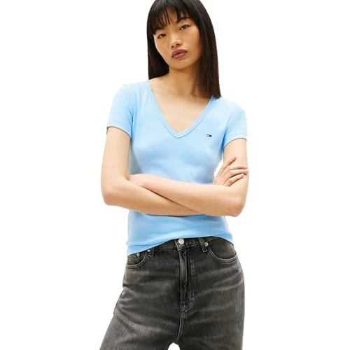 Tommy Jeans Damska koszulka Tjw Slim Essential Rib V Ss Dw0Dw17385 S/S, niebieska (jasnoniebieski), L