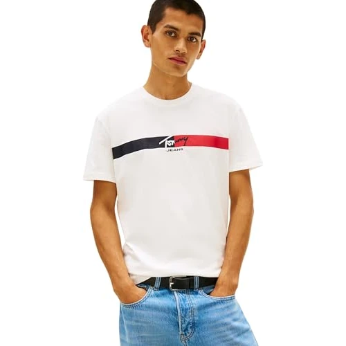Offerta a tempo: Tommy Jeans Uomo T-Shirt Maniche Corte Signature Stripe in Cotone, Bianco (Ecru), L - 44% da 34.90 € a 19.37 €