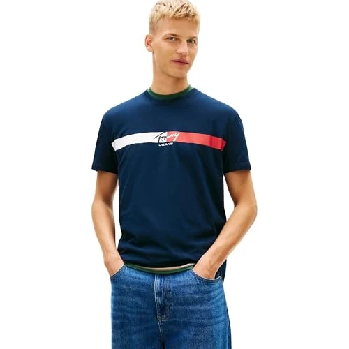 Oferta limitada: Tommy Jeans Camiseta de Manga Corta Hombre Signature Stripe de algodón, Azul (Dark Night Navy), M de 34.90 € a 17.45 € (ahorro 50%)