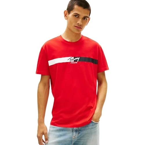 Limited-time offer: Tommy Jeans Men's TJM Reg Signature Stripe T Ext DM0DM22539 S/S T-Shirt, RED (Rapid Red), XS from 30.00 £ to 30.00 £ (save 0.00%)