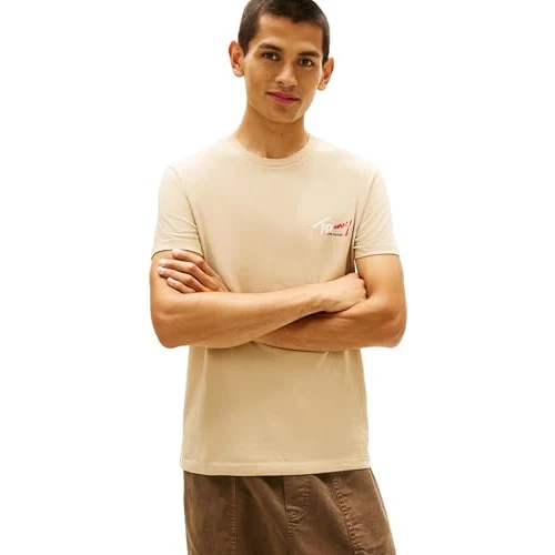 Zeitlich begrenztes Angebot: Tommy Jeans Herren T-Shirt Kurzarm Slim Sign Chest mit Logo, Beige (Gentle Gold), M von 29.90 € auf 18.99 € (36% Rabatt)