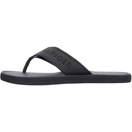 Offerta a tempo: Tommy Hilfiger Uomo Infradito Leather Beach Sandal con Fascetta in Tessuto, Nero (Black), 47 - 42% da 59.90 € a 35.00 €