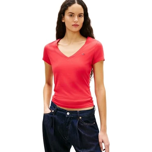 Oferta limitada: Tommy Jeans Camiseta de Manga Corta Mujer Slim con Cuello de Pico, Rojo (Red Alert), XXS de 26.91 € a 16.63 € (ahorro 38%)