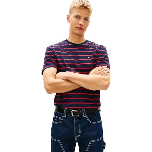 Offerta a tempo: Tommy Jeans Uomo T-Shirt Maniche Corte Stripe con Logo, Multicolore (Dark Night Navy Stripe), XS - 46% da 39.90 € a 21.57 €