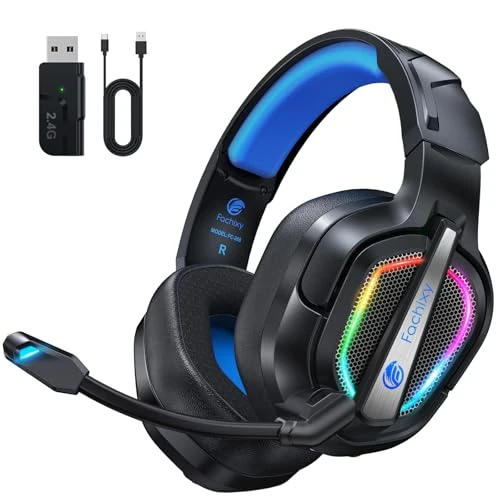 Fachixy FC200 Cuffie Gaming Wireless, 2.4GHz Cuffie Gaming con Microfono per PS5, PS4, PC, Switch, Mac, Mobile, Cuffie per PS5 con Stereo, Cuffie Bluetooth Over Ear con Luce LED, Batteria da 50 Ore