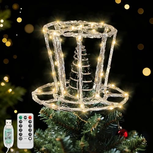 Limitiertes Angebot: Lewondr Weihnachtsbaumspitze Hut, 9,45" Epoxid Hut Christbaumspitze mit 40 LED Birnen, 6 Std. Timer & 8 Modi USB Fernbedienung, Weihnachten Baumspitze Weihnachtsdeko für Innen Feiertag, Silber von 12.99 EUR auf 7.99 EUR (Spare 38%)