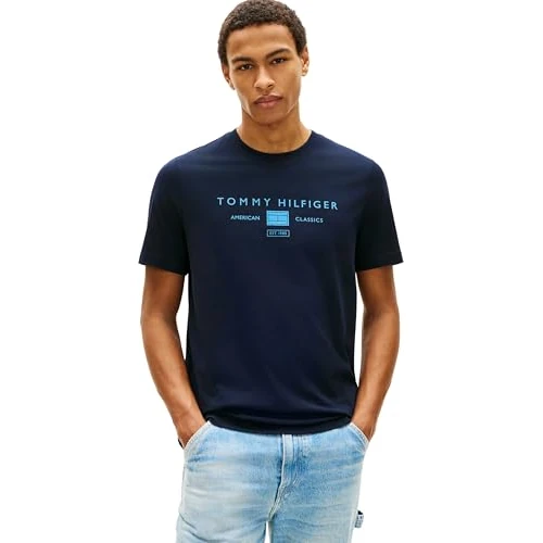 Oferta limitada: Tommy Hilfiger Camiseta de Manga Corta Hombre Brand Love Mono Stack de algodón, Azul (Desert Sky), S de 27.92 € a 19.95 € (ahorro 28.55%)