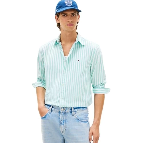 Offerta a tempo: Tommy Hilfiger Uomo Camicia Flex Poplin Classic in Cotone, Turchese (Arctic Aqua/Stripe), M - 0.00% da 79.90 € a 79.90 €