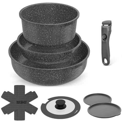 Offre limitee: YASHE Batterie de Cuisine 9 Pièces, Set de Casseroles et Poêles Antiadhésives, Compatible Tous Feux dont Induction, Poignées Amovibles, Passe au Four, Design Empilable et Gain de Place, Grise de 53.99 EUR a 53.99 EUR (economie 0%)