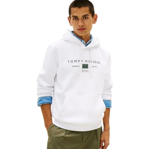 Offerta a tempo: Tommy Hilfiger Uomo Felpa con Cappuccio Brand Love con Tasca a Marsupio, Bianco (White), XXL - 57% da 99.90 € a 42.49 €