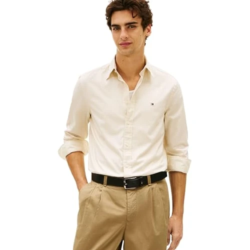 Limited-time offer: Tommy Hilfiger Men’s Shirt Flex Poplin Solid Regular Fit, Off-White (Muslin), M from 75.00 £ to 42.29 £ (save 43.61%)