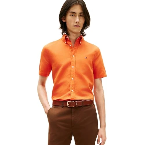 Offre limitée : Tommy Hilfiger Chemise en Lin mélangé uni SS RF Sht MW0MW42450 S/S pour Homme, Orange, XXL de 89.90 € à 42.77 € (52% de remise)