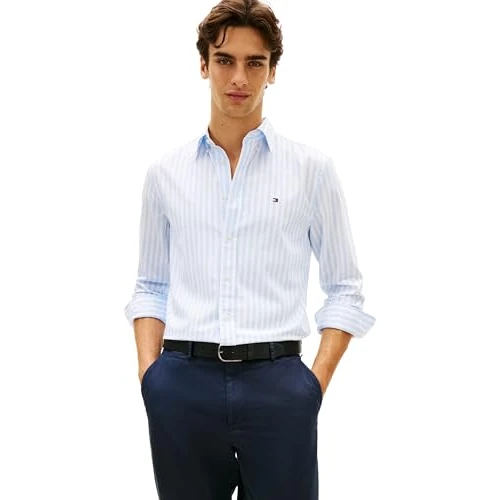 Limited-time offer: Tommy Hilfiger Men’s Shirt Flex Poplin Classic in Cotton, Blue (Sweet Blue/Stripe), S from 41.93 £ to 37.50 £ (save 10.57%)
