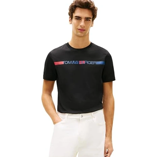 Offerta a tempo: Tommy Hilfiger Uomo T-Shirt Maniche Corte Brand Love Stripe in Cotone, Nero (Black), L - 44% da 27.99 € a 15.76 €