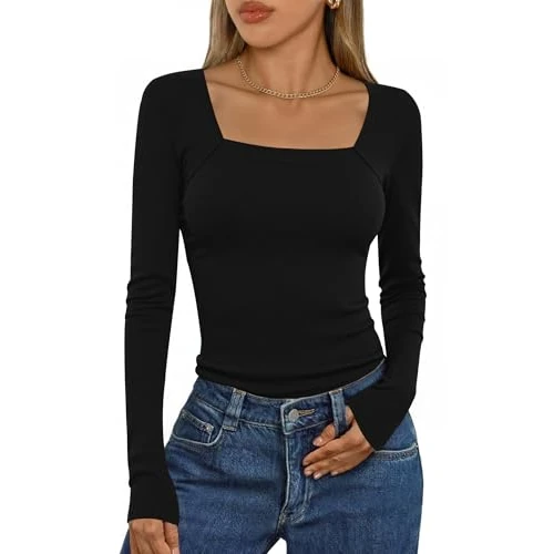 Aottori Long Sleeve Top for Women UK Square Neck Tunic Tops Ladies Ribbed Knit Slim Fit Shirts Casual Trendy Solid Stretchy Pullover Tee Black S