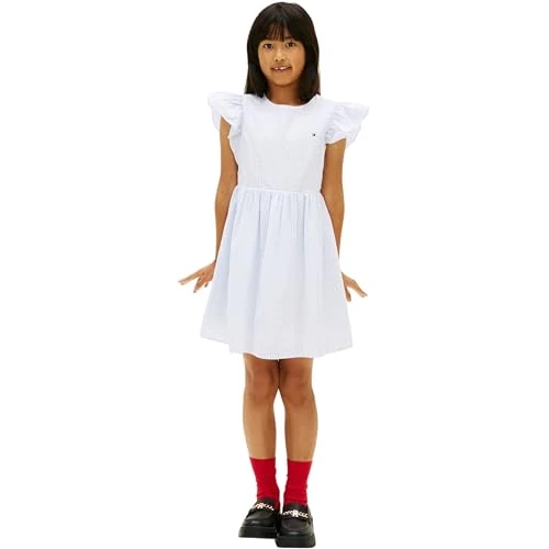 Offerta a tempo: Tommy Hilfiger Bambina Abito Seersucket con Maniche con Volant, Blu (Sweet Blue Stripes), 14 Anni - 47% da 69.92 € a 36.99 €